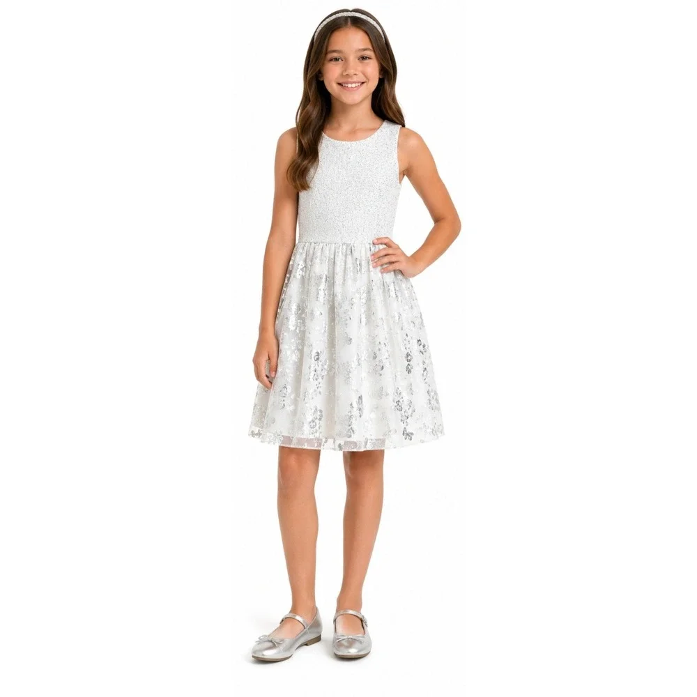 THE CHILDREN'S PLACE Girls Sleeveless Silver Floral Party Dress Size 10/12 Large